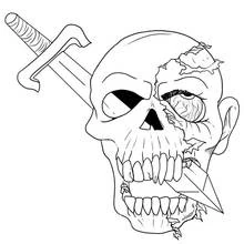 Dibujo de Cráneo mitad calavera mitad rostro desgarrado con daga para colorear Dibujo de Cráneo mitad calavera mitad rostro desgarrado con daga para colorear