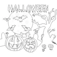 Dibujo de Calabazas de Halloween bajo una luna con murciélagos para colorear Dibujo de Calabazas de Halloween bajo una luna con murciélagos para colorear