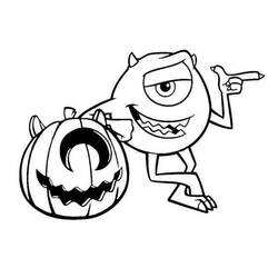 Dibujo de Bob Razowski apoyado en una calabaza de Halloween para colorear