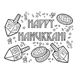 Dibujo de Feliz Hanukkah con dreidels y monedas para colorear