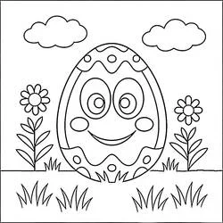 Dibujo de Huevo de Pascua sonriente en un campo de flores para colorear Dibujo de Huevo de Pascua sonriente en un campo de flores para colorear