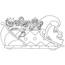 Dibujo de Carroza de Mardi Gras con niños enmascarados para colorear