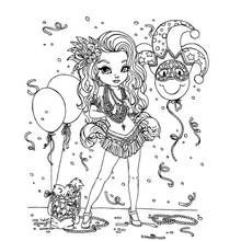 Dibujo de Mardi Gras chica con traje de carnaval para colorear