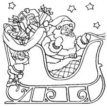 Dibujo de Santa Claus en su trineo con un duende ayudante para colorear