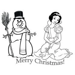 Dibujo de Blancanieves arrodillada junto a un muñeco de nieve navideño para colorear