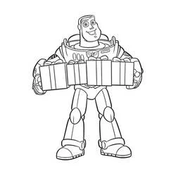 Dibujo de Buzz Lightyear sosteniendo una pila de regalos para colorear