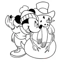 Dibujo de Mickey Mouse construyendo un muñeco de nieve para colorear
