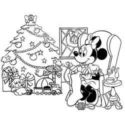 Dibujo de Minnie tejiendo junto al árbol de Navidad para colorear