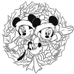 Dibujo de Minnie y Mickey en una corona navideña para colorear