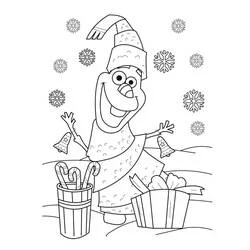 Dibujo de Olaf celebrando la Navidad con campanas y regalos para colorear