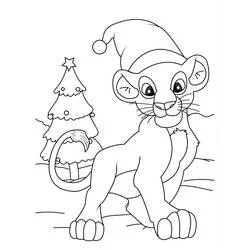 Dibujo de Simba con gorro de Papá Noel en Navidad para colorear