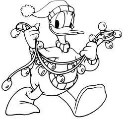 Dibujo de Donald Duck decorando con luces navideñas para colorear
