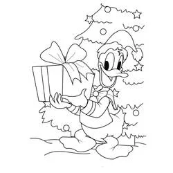 Dibujo de Donald Duck sosteniendo un regalo de Navidad para colorear