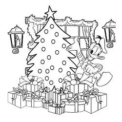 Dibujo de Donald Duck junto al árbol de Navidad para colorear