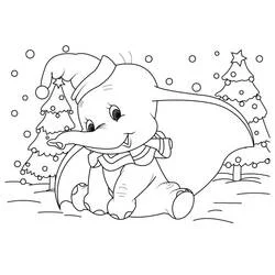 Dibujo de Dumbo sentado en la nieve en Navidad para colorear