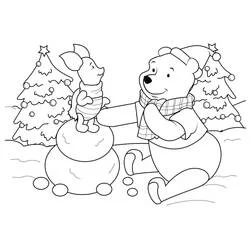 Dibujo de Winnie the Pooh y Piglet construyendo un muñeco de nieve para colorear