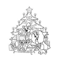 Dibujo de La Dama y el Vagabundo bajo el árbol de Navidad para colorear