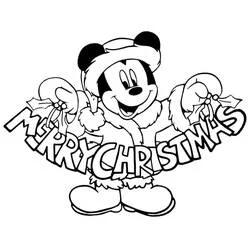 Dibujo de Mickey sosteniendo un cartel de Merry Christmas para colorear