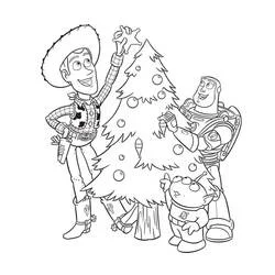Dibujo de Woody, Buzz y el Alien decorando el árbol de Navidad para colorear