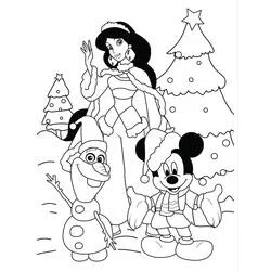 Dibujo de Jasmine, Mickey y Olaf celebrando la Navidad para colorear