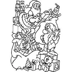 Dibujo de Siete enanitos con Santa Claus y juguetes navideños para colorear