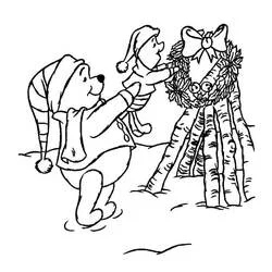 Dibujo de Winnie the Pooh levantando a Piglet para colgar una corona para colorear