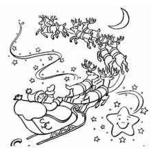 Dibujo de Papá Noel volando en su trineo entre las estrellas para colorear