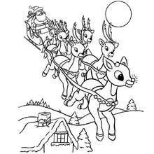 Dibujo de Papá Noel volando con su trineo y renos para colorear