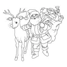 Dibujo de Papá Noel caminando con un reno y un saco de regalos para colorear
