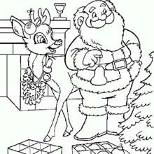 Dibujo de Papá Noel decorando el árbol con Rudolph para colorear
