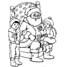 Dibujo de Papá Noel sentado con dos niños para colorear