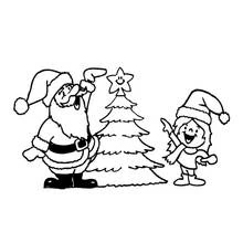 Dibujo de Papá Noel decorando el árbol con un niño para colorear