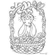 Dibujo de Conejo de Pascua sentado en una cesta decorada para colorear