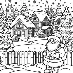 Dibujo de Papá Noel frente a un pueblo de Navidad para colorear