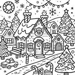 Dibujo de Pueblo de Navidad con casas y árboles decorados para colorear