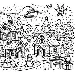 Dibujo de Pueblo de Navidad con muñeco de nieve y casas para colorear
