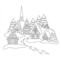 Dibujo de Pueblo de Navidad con cabañas nevadas e iglesia para colorear