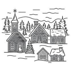 Dibujo de Pueblo de Navidad con iglesia y casas para colorear