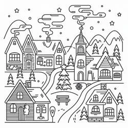 Dibujo de Pueblo navideño con camino y farola para colorear