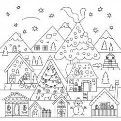 Dibujo de Pueblo de Navidad con casas y muñeco de nieve para colorear