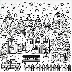 Dibujo de Pueblo de Navidad con casas, pinos y muñeco de nieve para colorear