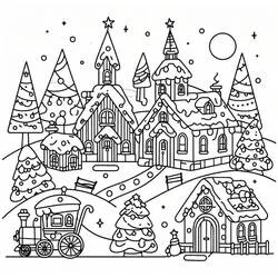 Dibujo de Pueblo de Navidad con tren y casas nevadas para colorear