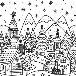 Dibujo de Pueblo de Navidad entre montañas nevadas para colorear
