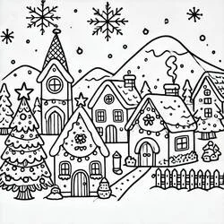 Dibujo de Pueblo de Navidad con iglesia y casas de jengibre para colorear