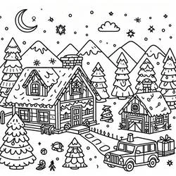 Dibujo de Pueblo de Navidad nevado con cabaña y camión para colorear