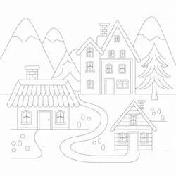 Dibujo de Pueblo de Navidad con tres casas para colorear