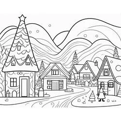 Dibujo de Pueblo de Navidad con casa árbol para colorear