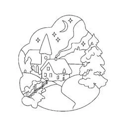 Dibujo de Pueblo de Navidad bajo un cielo estrellado para colorear