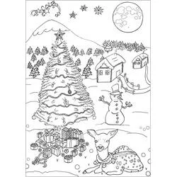 Dibujo de Pueblo de Navidad con árbol, muñeco de nieve y venado para colorear