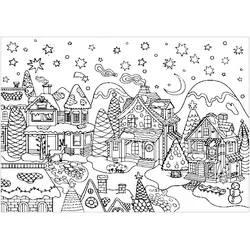 Dibujo de Pueblo navideño con reno y muñeco de nieve para colorear